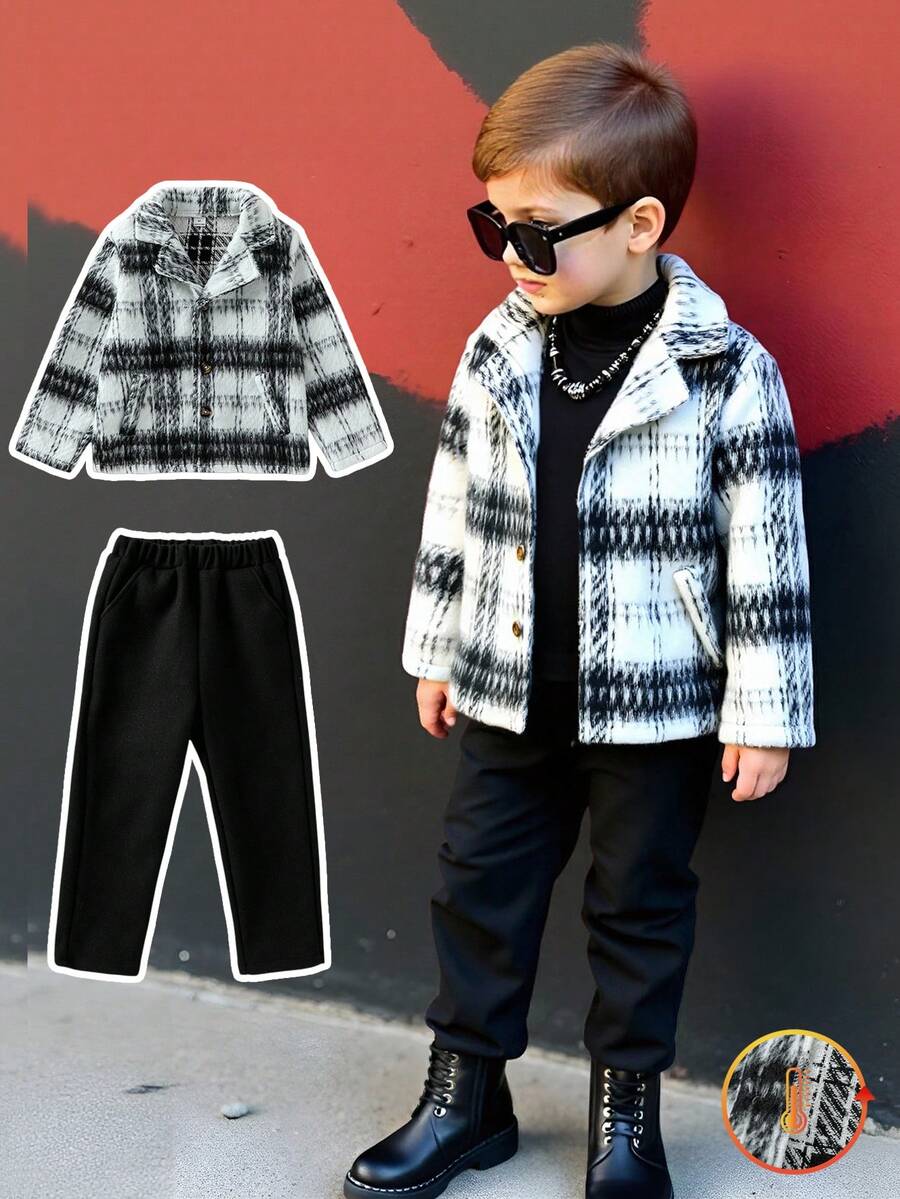 Souflis Souflis Young Boy's Fashion Casual Plaid Woolen Suit Jacket And Black Relaxed Fit Pants Set, Elegant Tailoring With Stylish Large Plaid Woolen Fabric