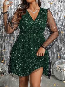 SHEIN Clasi 大码女式金属箔印花网眼灯笼袖优雅连衣裙 - 彩色 - 查看 4