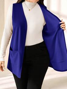EMERY ROSE Chaqueta casual suelta de unicolor sin mangas con bolsillo, talla grande, para primavera/verano, vacaciones, uso diario/invierno - azul real - Ver 3