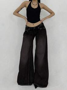 DAZY Quần Jeans Denim Đơn Giản Phong Cách Retro Dành Cho Nữ - Màu xám đen - Xem 5