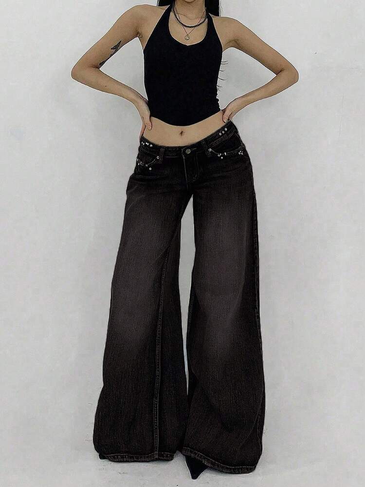 Casual Dark Grey Wide Leg Denim Jeans For Women With Zipper Closure Long Length Y2k