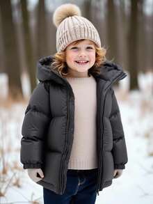 SHEIN Pikowany, ocieplany, gruby, ciepły zimowy płaszcz dla chłopców z wysokim kołnierzem i kapturem, odpowiedni do zabawy w pomieszczeniach, na zewnątrz i na śniegu