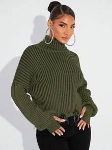 SHEIN SXY Suéter de punto de cuello alto sólido con mangas largas y efecto desgastado para salir en otoño/invierno - Verde militar - Ver 5