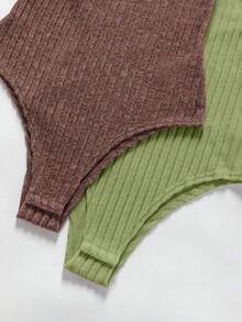 SHEIN 2pcs Set Bodysuit, Colorful Design, Comfortable Autumn/Winter Base Layer Bodysuit - Brown - View 3