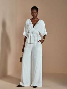 JIAN LASALA V领蝙蝠袖喇叭下摆亚麻混纺纯色女式上衣，秋季优雅休闲度假奢华时尚服装系列，白色 - 白色 - 查看 2