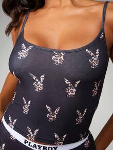 Missguided x Playboy Leopard Print Bunny Logo Cami Top Spaghetti Strap Tank Summer Festival Casual Sleeveless - Multicolor - View 1