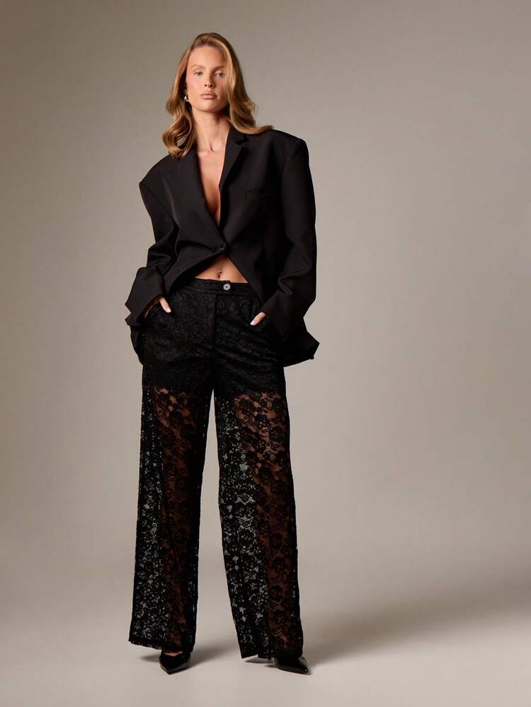 AiiRZ Wide Leg High Rise Palazzo Pants With Intricate Floral Lace Overlay For Evening Occasions