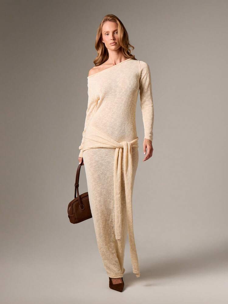 Off Shoulder Maxi Sweater Dress With Waist Tie
