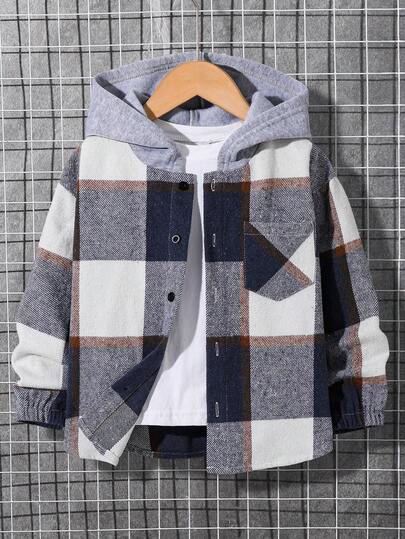 SHEIN 1 件儿童年轻男孩休闲运动学院连帽衬衫夹克，带学院格子，适合儿童服装年轻男孩衣服返校男孩套装适合生日派对、晚会、表演、婚礼、洗礼、开幕式日常适合日常使用适合上学适合旅行适合运动适合春秋冬季