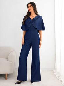 Elenzga 女士成熟知性优雅个性后背拉链开衫阔腿连体裤 - 藍色 - 查看 3