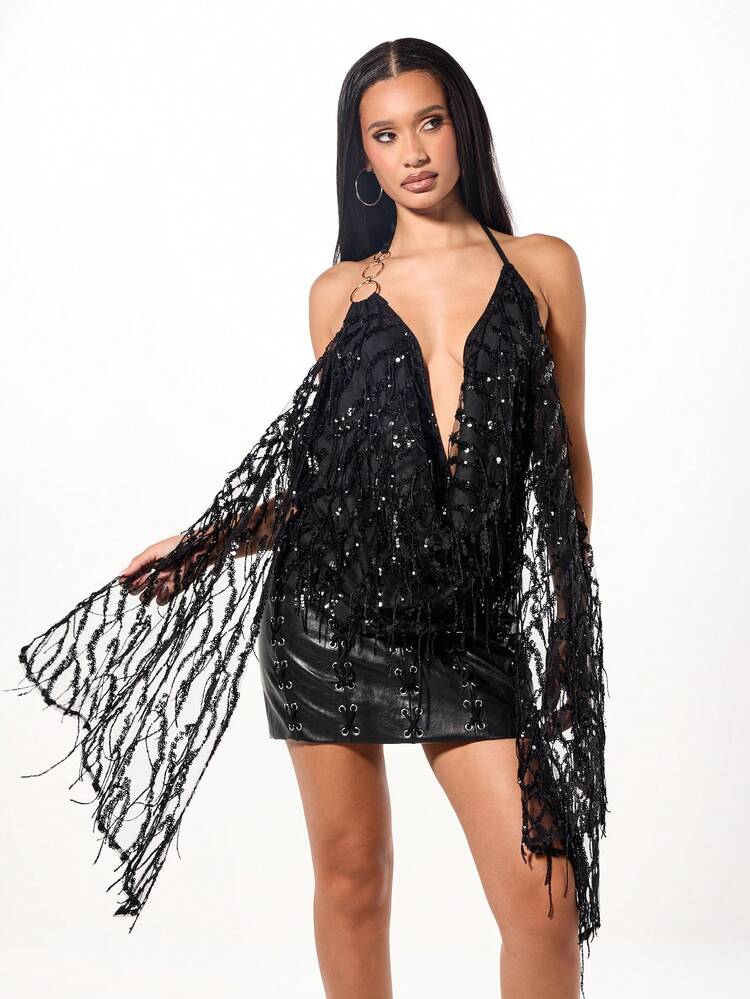 SUMWON WOMEN Sequined Deep Plunge Halter With Fringe