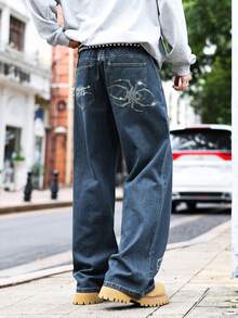 ROMWE MEN Street Life Men's Casual Jeans With Pockets And Rhinestone Spider Web Pattern