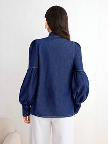 Elenzga Jaqueta e casaco jeans femininos casuais e elegantes - Azul - Ver 2
