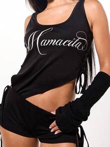 SUMWON WOMEN Mamacita 短款背心和褶皱短裤休闲套装节日装夏季休闲装 - 黑色 - 查看 5