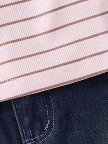 SHEIN 少女时尚休闲优雅可爱街头风格混合条纹蕾丝边长袖 T 恤，秋季 - 粉色 - 查看 3