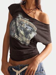 Bohemela BOHO Music Festival Casual Solid Color Knit Asymmetrical Neck Short Sleeve T-Shirt For Women - Black - View 5