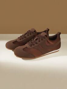 CUCCOO EASI Giày thể thao đế bằng thiết kế vá mũi tròn cho nữ, giày thể thao da PU màu xám nhạt thoải mái, phù hợp để mang trong nhà và ngoài trời hàng ngày - màu nâu - Xem 6