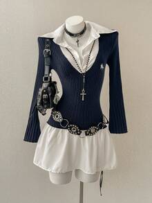 SHEIN Unity 女士休闲舒适宽松针织长袖二合一连衣裙 - 藏蓝色 - 查看 3