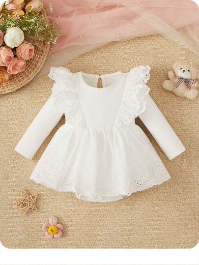 SHEIN 新生兒女孩可愛雙層蕾絲肩膀裝飾長袖洋裝