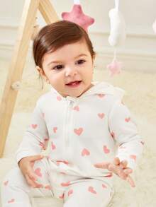 SHEIN Baby Girl 1pc Heart Print 3D Ear Detail Hooded Jumpsuit - Multicolor - View 12