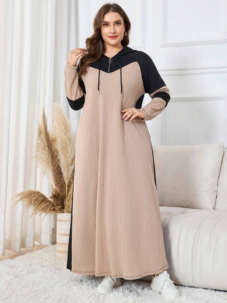 Lacomfia 大码休闲针织提花拼色连帽长袖宽松中长连衣裙，春秋季 - 彩色 - 查看 1