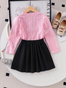 SHEIN Elladie kids 女童可爱黑色碎花装饰白色长袖圆领打底衫搭配黑色百褶舒适迷你裙T恤套装 - 粉色 - 查看 3