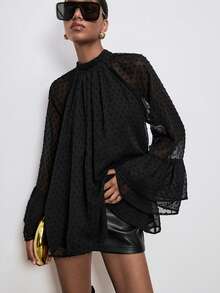 ATUI Studio Women's Long-Sleeved Blouse With Wide-Sleeved Ruffles And Lace Details, Elegant, Retro, And Romantic Embroidered Details,Polka Dot Wide-Sleeved Blouse With Ruffles,Autumn/Winter Women's Clothing,Autumn Top,Women's Business Casual Wear. - Black - View 4