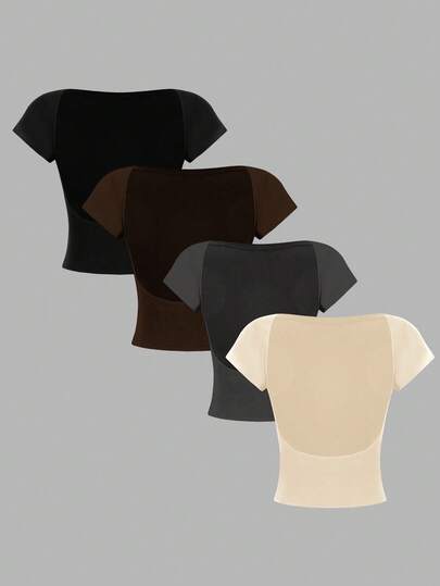 SHEIN Essnce 4 ชิ้น เสื้อยืดคอกลมสีพื้นตัดกันแบบลำลอง เข้ารูป เปิดหลังกลวง เหมาะสำหรับฤดูใบไม้ผลิ/ฤดูร้อน
