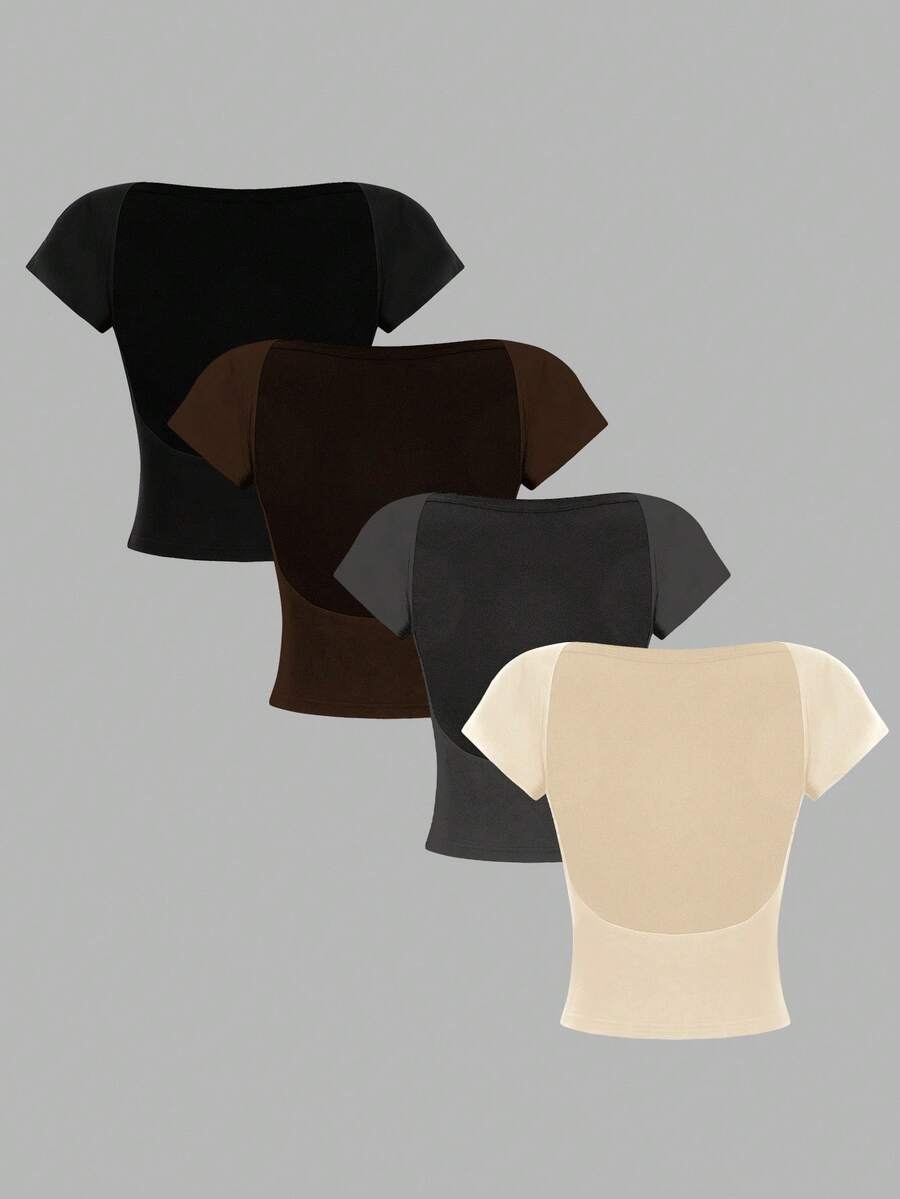 SHEIN Essnce 4 piezas de camisetas de cuello redondo ajustadas de unicolor con contraste, con espalda descubierta y calado, adecuadas para primavera/verano