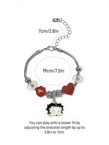 Betty Boop x SHEIN 银合金吊坠手链，花朵、心形，设计可爱，适合日常佩戴 - 彩色 - 查看 5