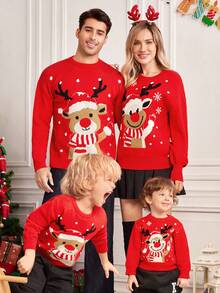 SHEIN 4 件套家庭装圣诞套装 - 妈妈和我：小男孩、小女孩休闲可爱圣诞帽、驯鹿、红色圣诞毛衣圆领套头衫，适合秋冬季、居家、郊游、圣诞派对 - 紅色 - 查看 6