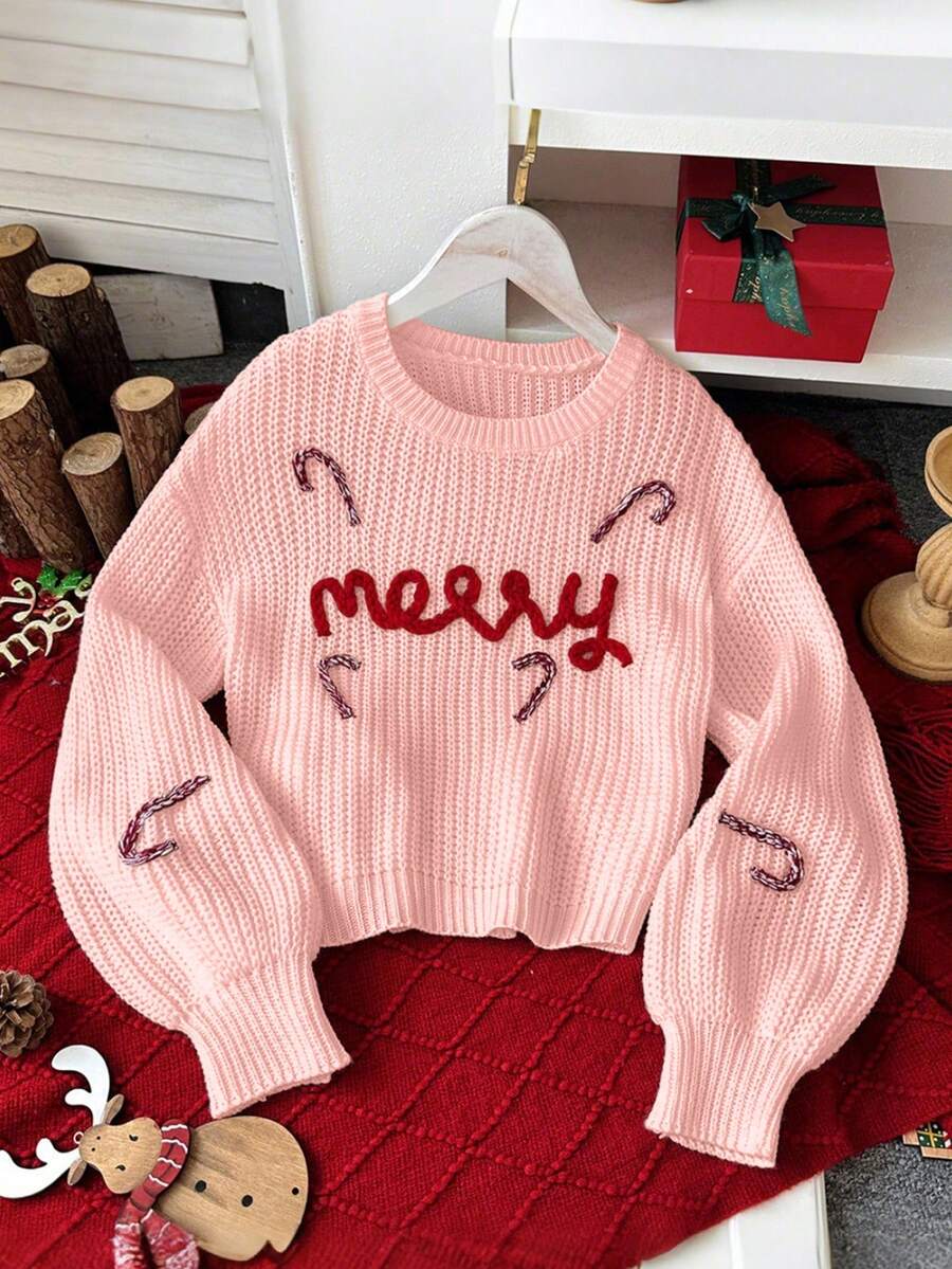女童聖誕快樂刺繡字母寬鬆可愛校園風圓領針織毛衣,粉紅與紅色秋季家庭套裝休閒穿搭,適合青少年 - 粉色 - 查看 1