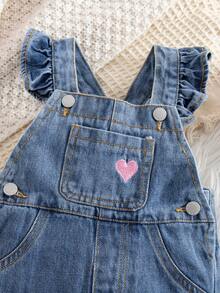 SHEIN 女婴粉色心形刺绣蓝色牛仔连体裤 - 深色水洗藍 - 查看 3