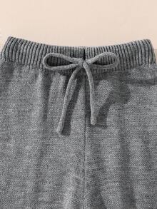 SHEIN 青少年女孩纯色V领长袖纽扣前开衫和裤子套装