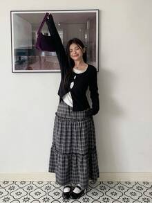 Dazy Plus 拼色波点二合一圆领休闲长袖大码女式T恤，春秋装 - 黑色 - 查看 6