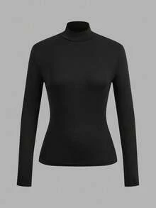 Tseoso 2pcs Women High Neck Tight Fit Long Sleeve Base Layer T-Shirt Set, Suitable For Autumn/Winter. Versatile For Daily Wear, 95% Cotton, Indoor And Outdoor, Vintage, Soft Girl, Outing Items, Home, Back To School, Fall Women Clothes, Versatile, Old Money, New Money, Gift For Mom, Family Gift, Christmas Gift - Black - View 9