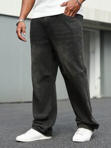 Manfinity Homme Plus Size Men's Casual Loose Fit Pockets Denim Jeans Men Baggy Black Jeans