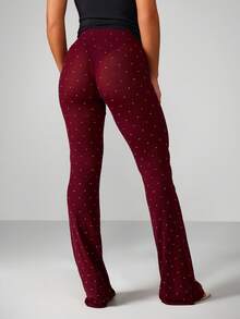 MISSGUIDED Burgundy Polka Dot Mesh High Rise Flare Pants Wide Leg Bell Bottom Fall Winter Trousers Christmas - Red - View 2