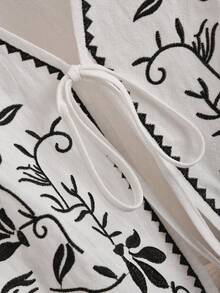 CosyJoli Áo sơ mi tay bồng thêu thắt nơ phía trước cỡ lớn cho nữ, áo cánh thêu tay dài - Màu be - Xem 3