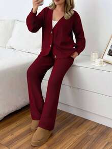 EURMUSE Damen Zweiteiler aus lässigem und elegantem, niedlichem Cardigan und Sweathose, Alltagsmode, Herbst, Winter - Bordeaux - Übersicht 3