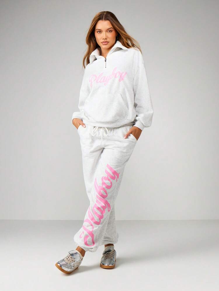 Missguided x Playboy Oversized Graphic Joggers With Script Print Casual Sweatpants For Loungewear Comfort