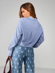 Missguided x Playboy Áo sơ mi kẻ sọc cài nút cổ bẻ dài tay, kiểu dáng công sở đơn giản, thoải mái - Màu xanh lam - Xem 2