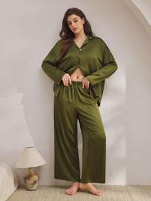 Ocili Bộ đồ ngủ dài tay rộng rãi bằng vải satin mềm mại thoải mái và quần dài, cỡ lớn, trang phục thu đông, trang phục ấm áp - xanh quân đội - Xem 2