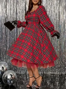 Gownix Váy lưới kẻ caro dự tiệc thời trang cỡ lớn - Đỏ - Xem 1