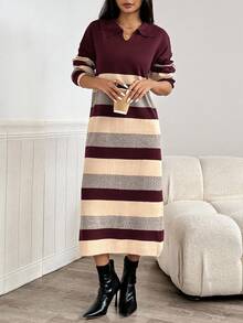 Mulvari 女士休闲宽松针织条纹连衣裙，翻领落肩，长袖，适合秋冬季 - 酒紅色 - 查看 6