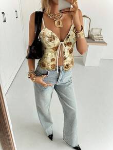 Siren Gaze Summer New Sequin Embroidered Lace-Up Camisole - Yellow - View 4