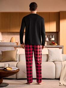 Manfinity Underwear&Sleepwear Basics 男士圣诞格子圣诞树印花长袖上衣和裤子睡衣套装 秋冬服装 - 黑色 - 查看 2