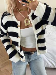 SHEIN EZwear 女式黑色和米色条纹针织开衫，宽松长袖，秋冬 - 黑與白 - 查看 7