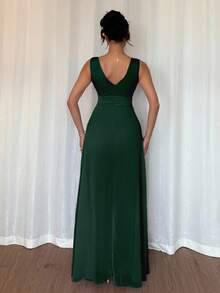 Rafferiza Elegant V-Neck Pleated Waist Pearl Chiffon Wide Leg Jumpsuit, Suitable For Wedding Guest Attire, Purple - Dark Green - View 2
