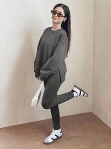 Sparklyn 1 Set Teen GirlWomen's Fashion Casual Loose Dropped Shoulder Hoodie And Skinny Leggings Outfit, Dark Grey, Autumn/Winter - Dark Grey - View 3